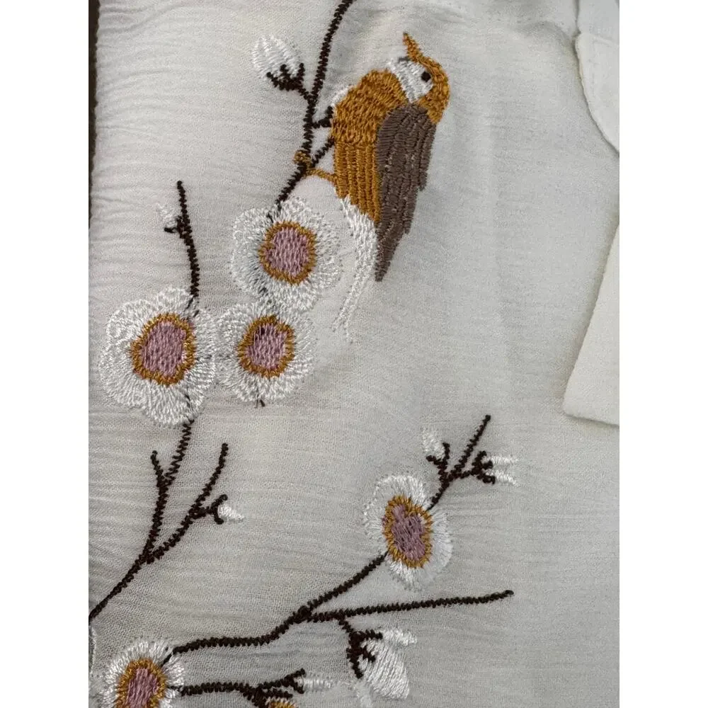 New Lauren Conrad Women's White Boho Button Down Bird Embroidered Shirt Size M